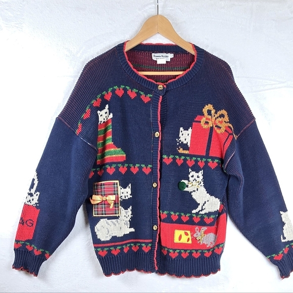 Vintage 90s Ugly Christmas Instarsia Knit Cat Cardigan Sweater Granny Festive L - Picture 2 of 16